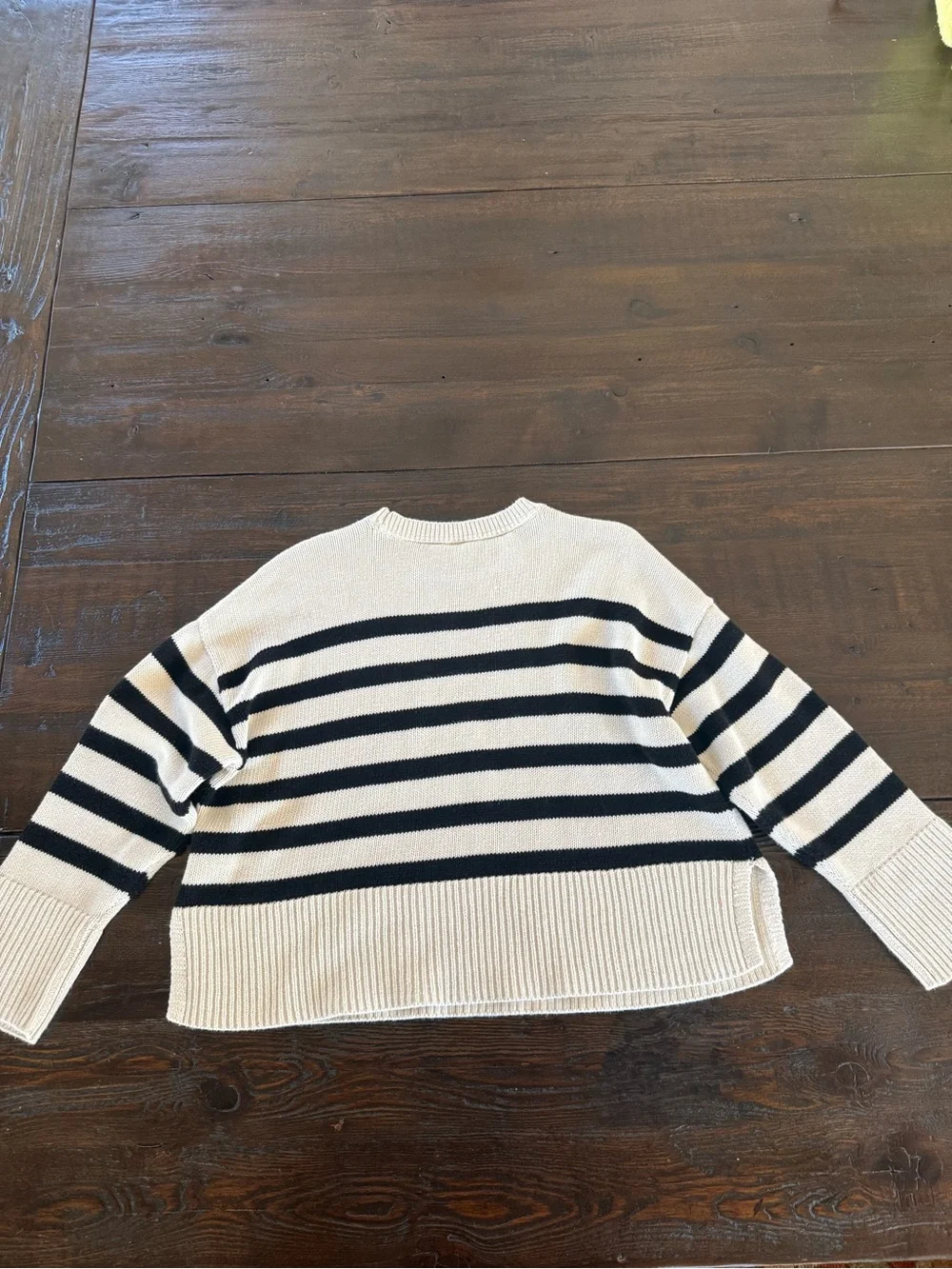 GAP Cream and Black Striped Crewneck Sweater